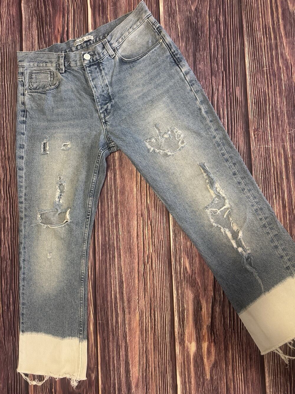 Zara Womens High Waist Distressed Crop Beachy Jeans Size 6 Bleach Bottom Raw Hem